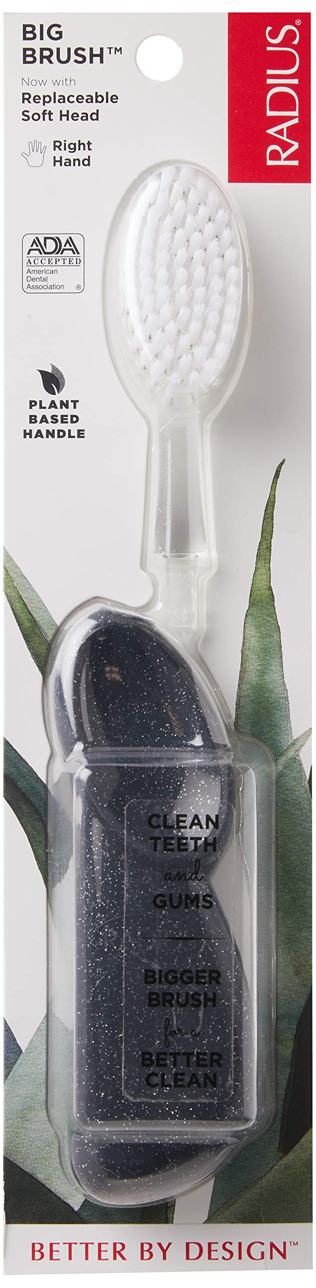 RADIUS Toothbrush Big Brush with Replaceable Head, Right Hand, Soft in Black Sparkle, BPA Free and ADA Accepted, Designed to Improve Gum Health and Reduce The Risk of Gum Disease
