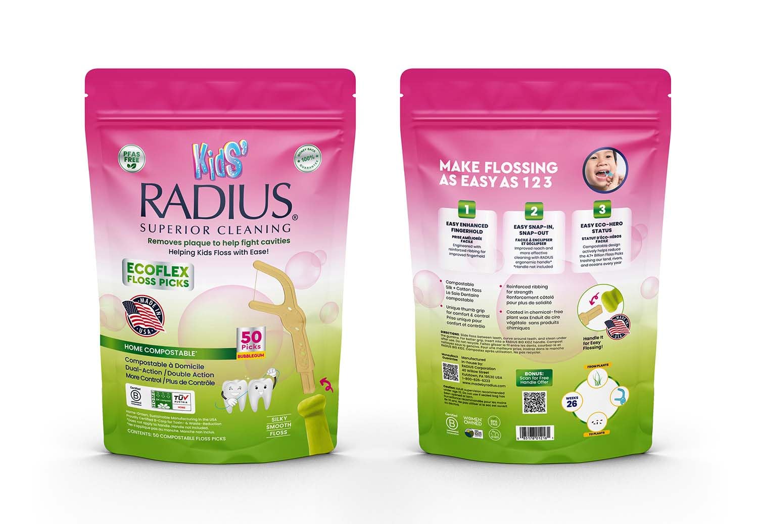 Radius Bubblegum EcoFlex Compostable Floss Picks Kids for Oral Care Boost Non Toxic Tooth & Gum Protection (50 Single Use Dual Action Flossers per Pack)