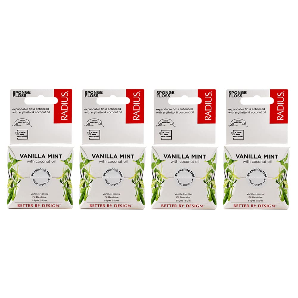 RADIUS Vanilla Mint Dental Floss 55 Yards Vegan & Non-Toxic Oral Care Boost & Designed to Help Fight Plaque Clear - Pack of 4