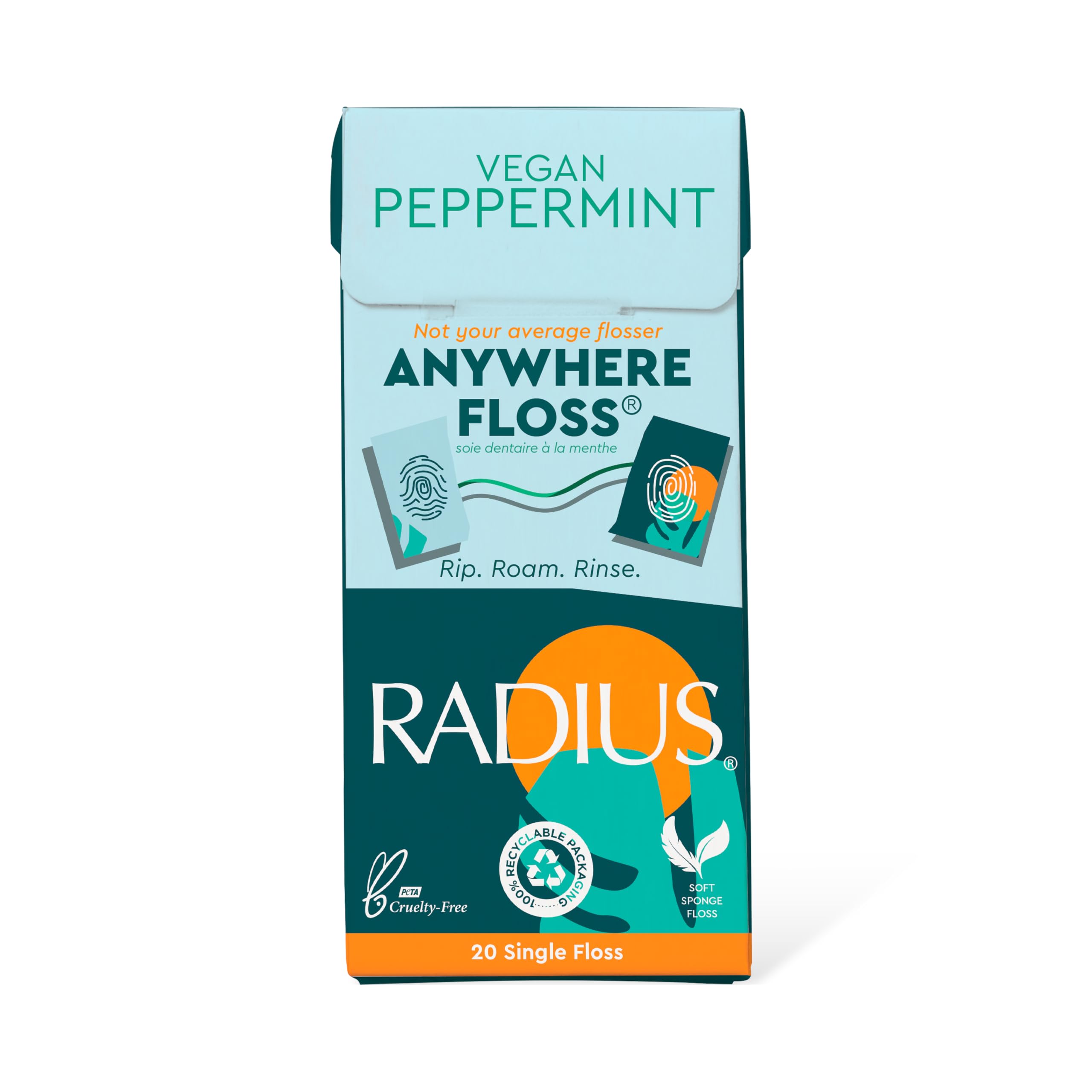 RADIUS Vegan Peppermint Anywhere Floss Travel Dental Floss for Oral Care Boost Non Toxic Tooth & Gum Protection (20 Single Use Flossers per Pack) - Pack of 3