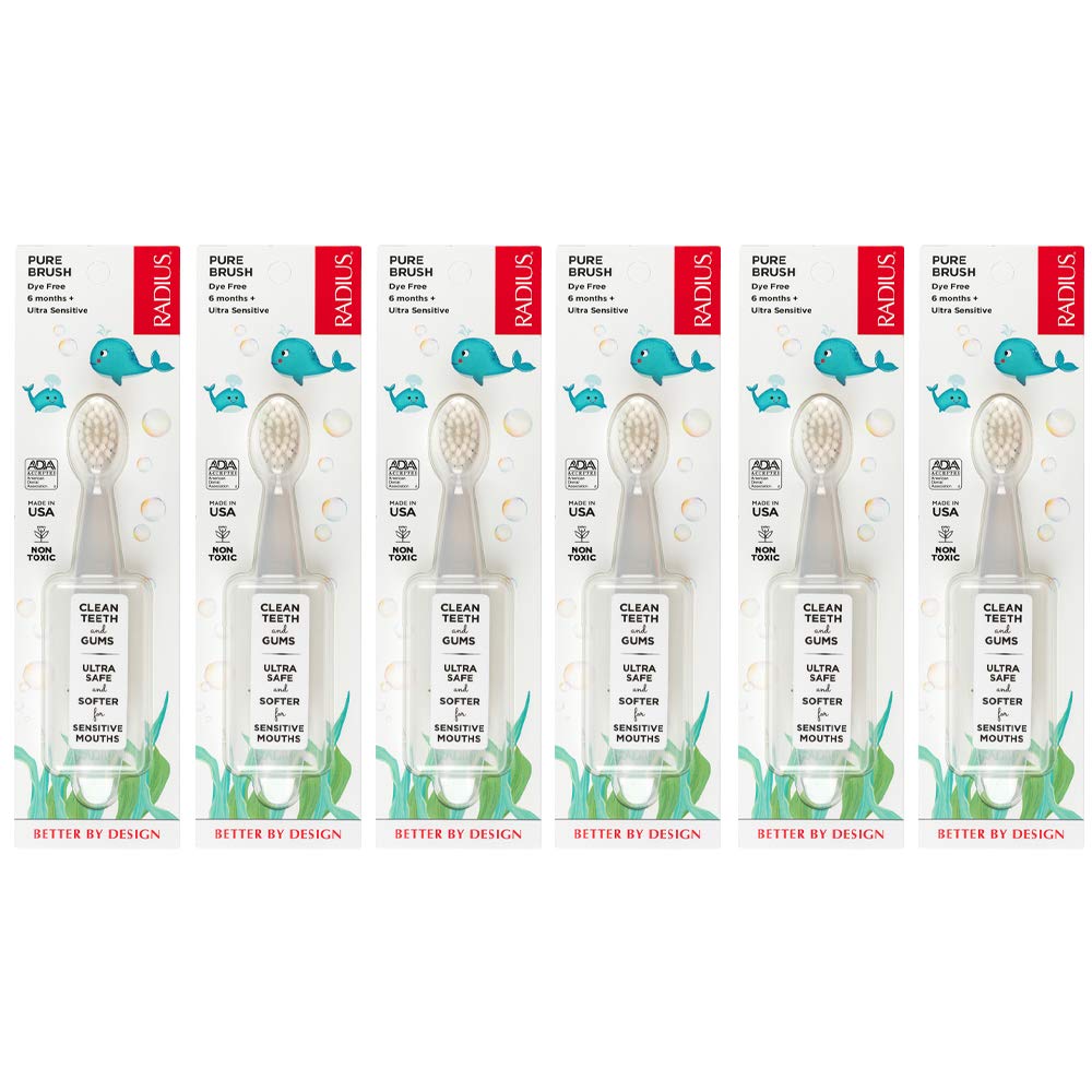 RADIUS Children's Toothbrush Pure Brush Ultra Soft BPA Free and ADA Accepted Designed for Delicate Teeth and Gums for Kids Months and Up, Clear, (Pack of 6)