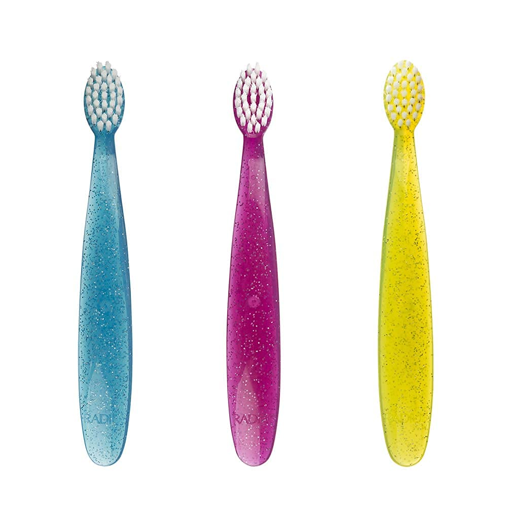 RADIUS Children's Toothbrush, Totz Brush, Extra Soft Bristles, Blue/Coral/Yellow, BPA Free & ADA Accepted, Designed for Delicate Teeth & Gums for Children 18 Months & Up, Pack of 3