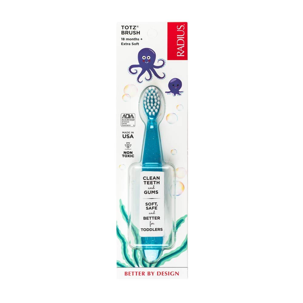 RADIUS Children's Toothbrush, Totz Brush, Extra Soft Bristles, Blue/Coral/Yellow, BPA Free & ADA Accepted, Designed for Delicate Teeth & Gums for Children 18 Months & Up, Pack of 3