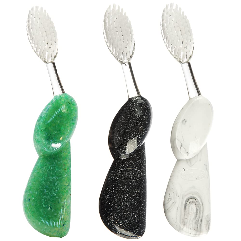 RADIUS Big Brush BPA Free & ADA Accepted Toothbrush Designed to Improve Gum Health & Reduce Gum Issues - Left Hand - Midnight Sky/Marble/Soda Pop Eco Grind - Pack of 3