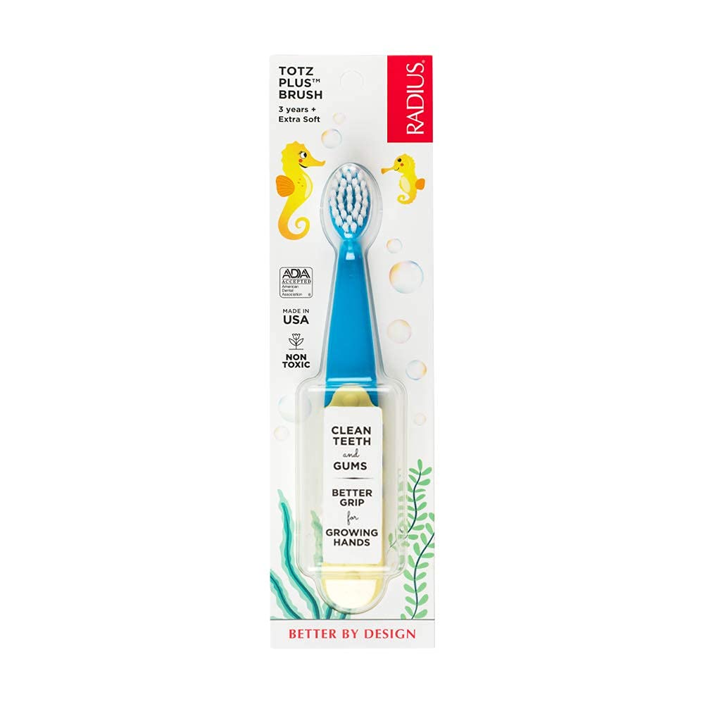 RADIUS Children's Toothbrush, Totz Brush, Extra Soft Bristles, Blue/Coral/Yellow, BPA Free & ADA Accepted, Designed for Delicate Teeth & Gums for Children 18 Months & Up, Pack of 3