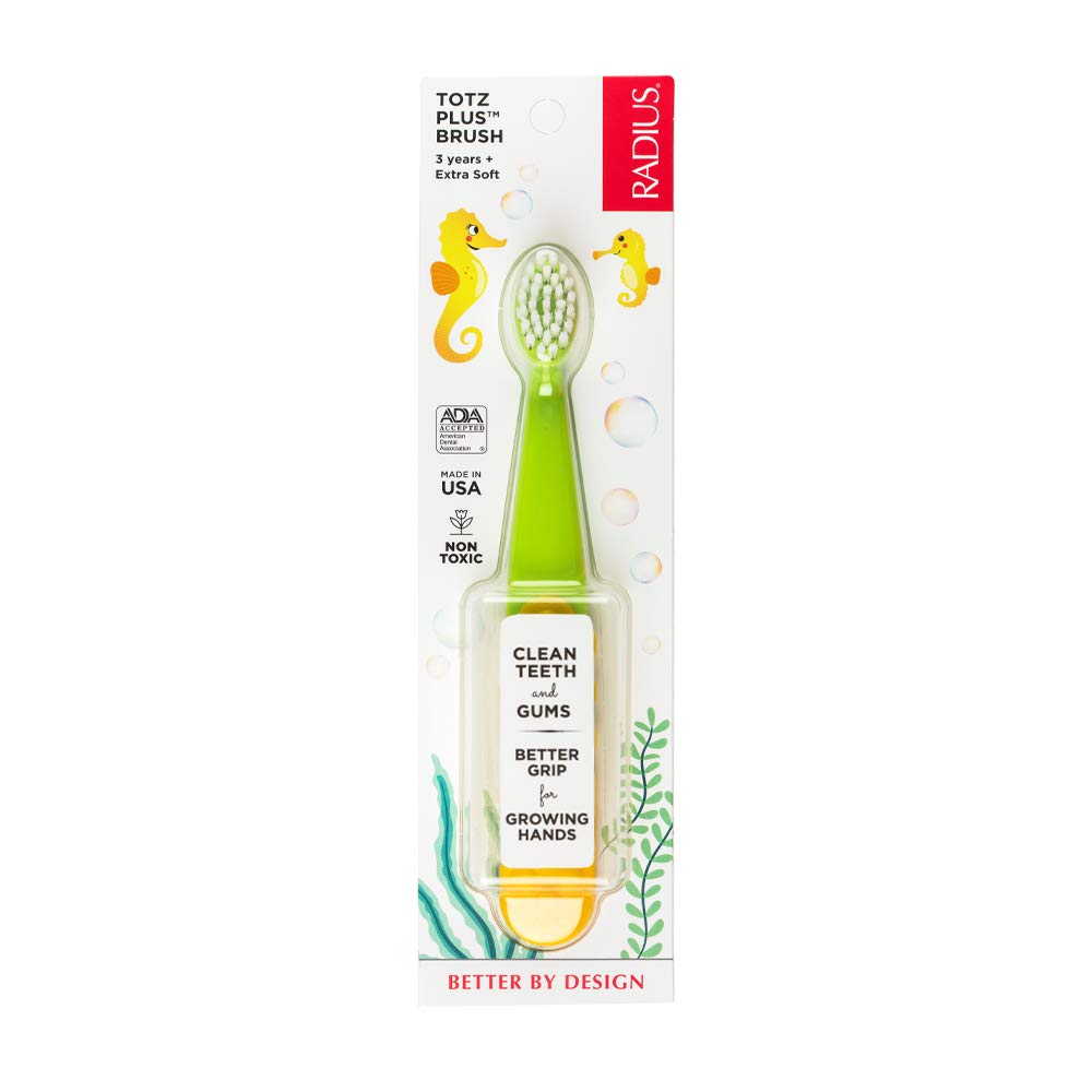 RADIUS Children's Toothbrush, Totz Brush, Extra Soft Bristles, Blue/Coral/Yellow, BPA Free & ADA Accepted, Designed for Delicate Teeth & Gums for Children 18 Months & Up, Pack of 3