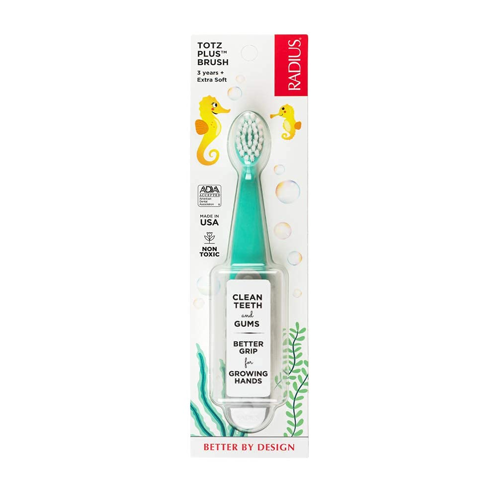 RADIUS Children's Toothbrush, Totz Brush, Extra Soft Bristles, Blue/Coral/Yellow, BPA Free & ADA Accepted, Designed for Delicate Teeth & Gums for Children 18 Months & Up, Pack of 3