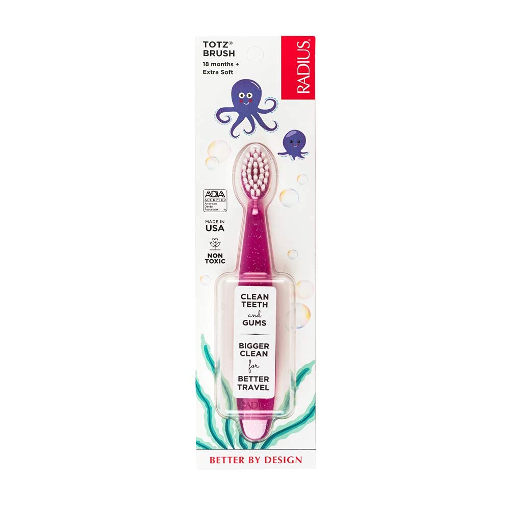 RADIUS Children's Toothbrush, Totz Brush, Extra Soft Bristles, Blue/Coral/Yellow, BPA Free & ADA Accepted, Designed for Delicate Teeth & Gums for Children 18 Months & Up, Pack of 3