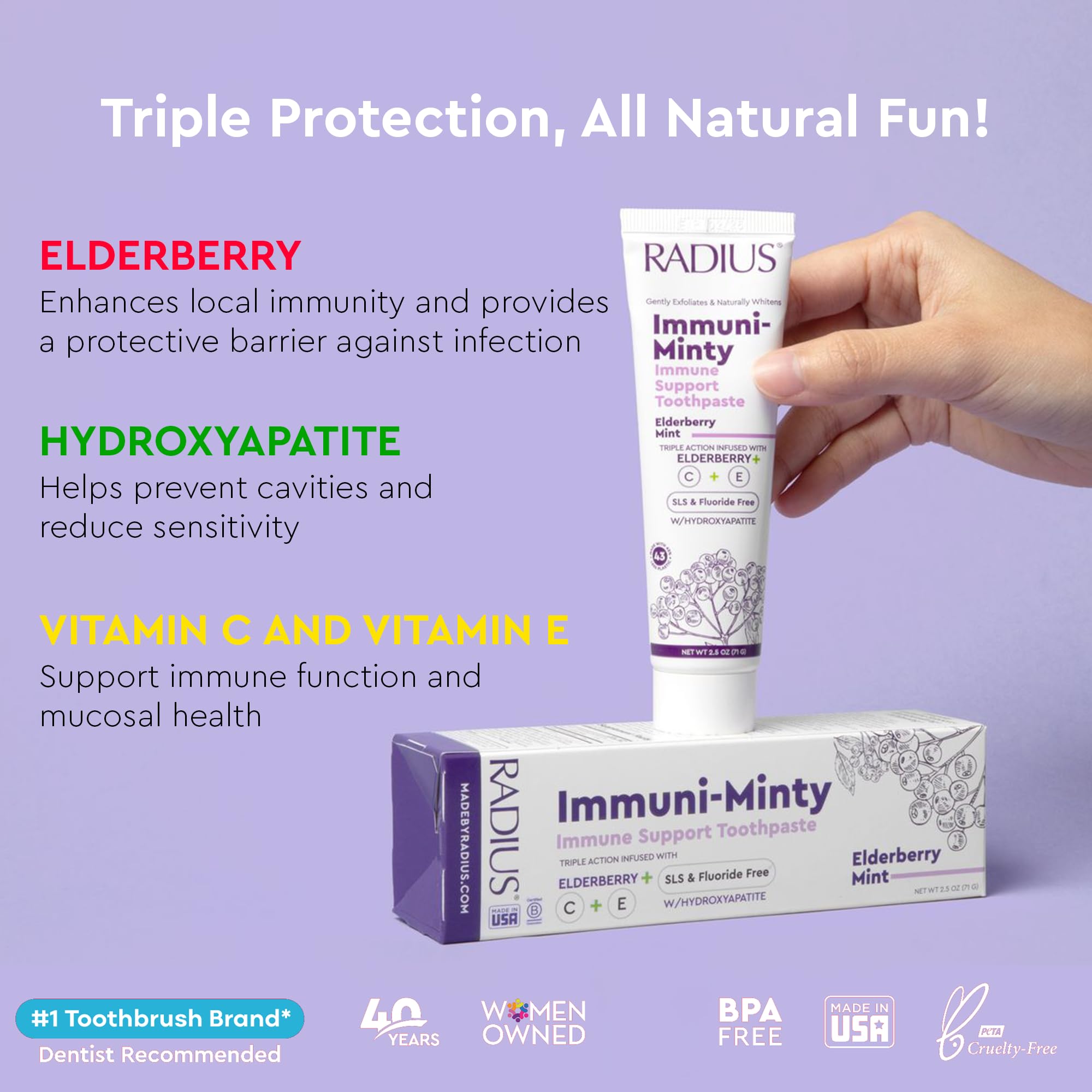 RADIUS ImmuniMinty Immune Support Toothpaste 2.5 Oz - Elderberry Mint - Pack of 3