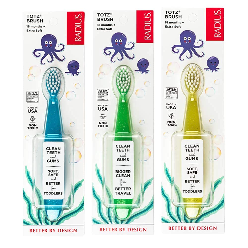 RADIUS Children's Toothbrush, Totz Brush, Extra Soft Bristles, Blue/Coral/Yellow, BPA Free & ADA Accepted, Designed for Delicate Teeth & Gums for Children 18 Months & Up, Pack of 3
