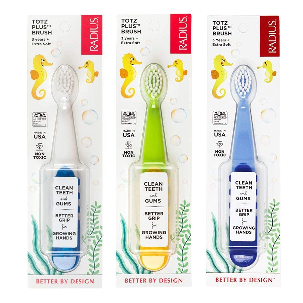 RADIUS Children's Toothbrush, Totz Brush, Extra Soft Bristles, Blue/Coral/Yellow, BPA Free & ADA Accepted, Designed for Delicate Teeth & Gums for Children 18 Months & Up, Pack of 3