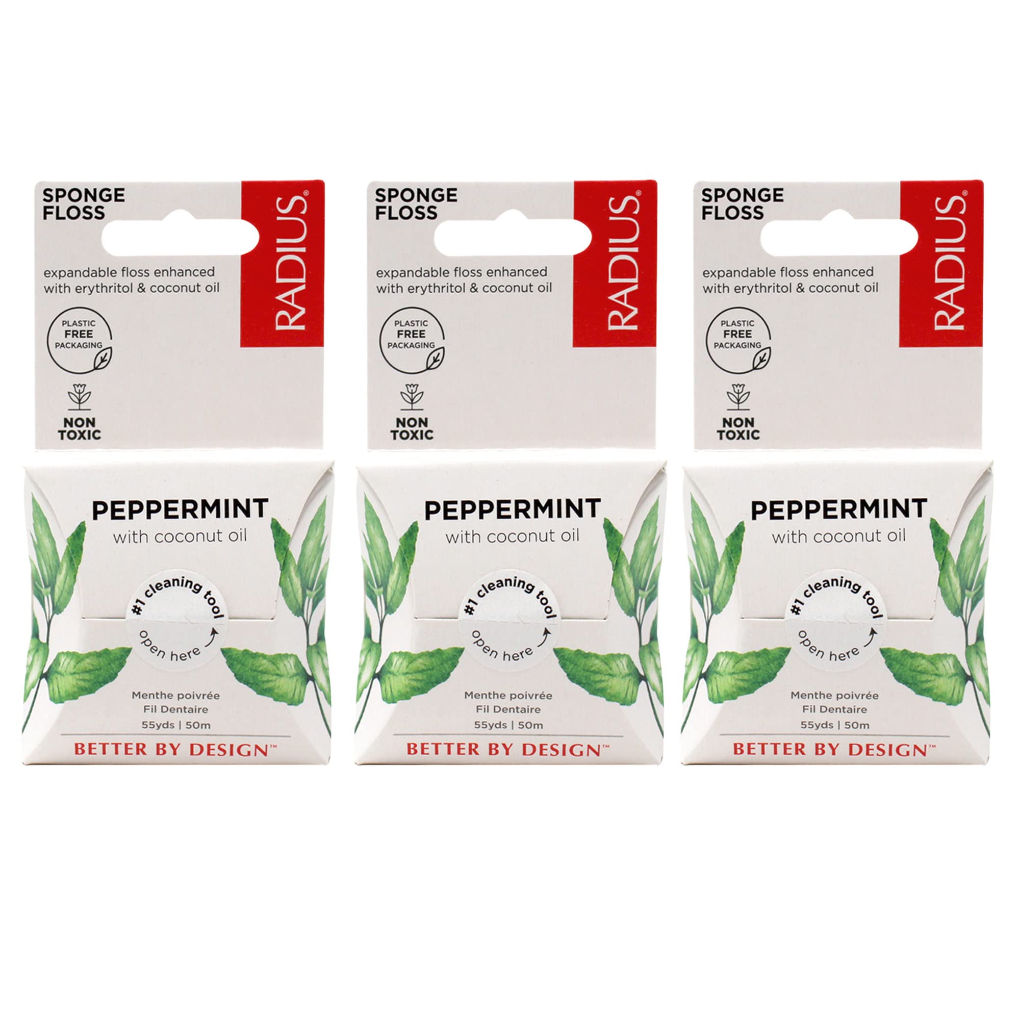 Radius Dental Floss, Sponge Floss, Peppermint, 55 Yards, Vegan & Non-Toxic Oral Care Designed to Help Fight Plaque, Pack of 3