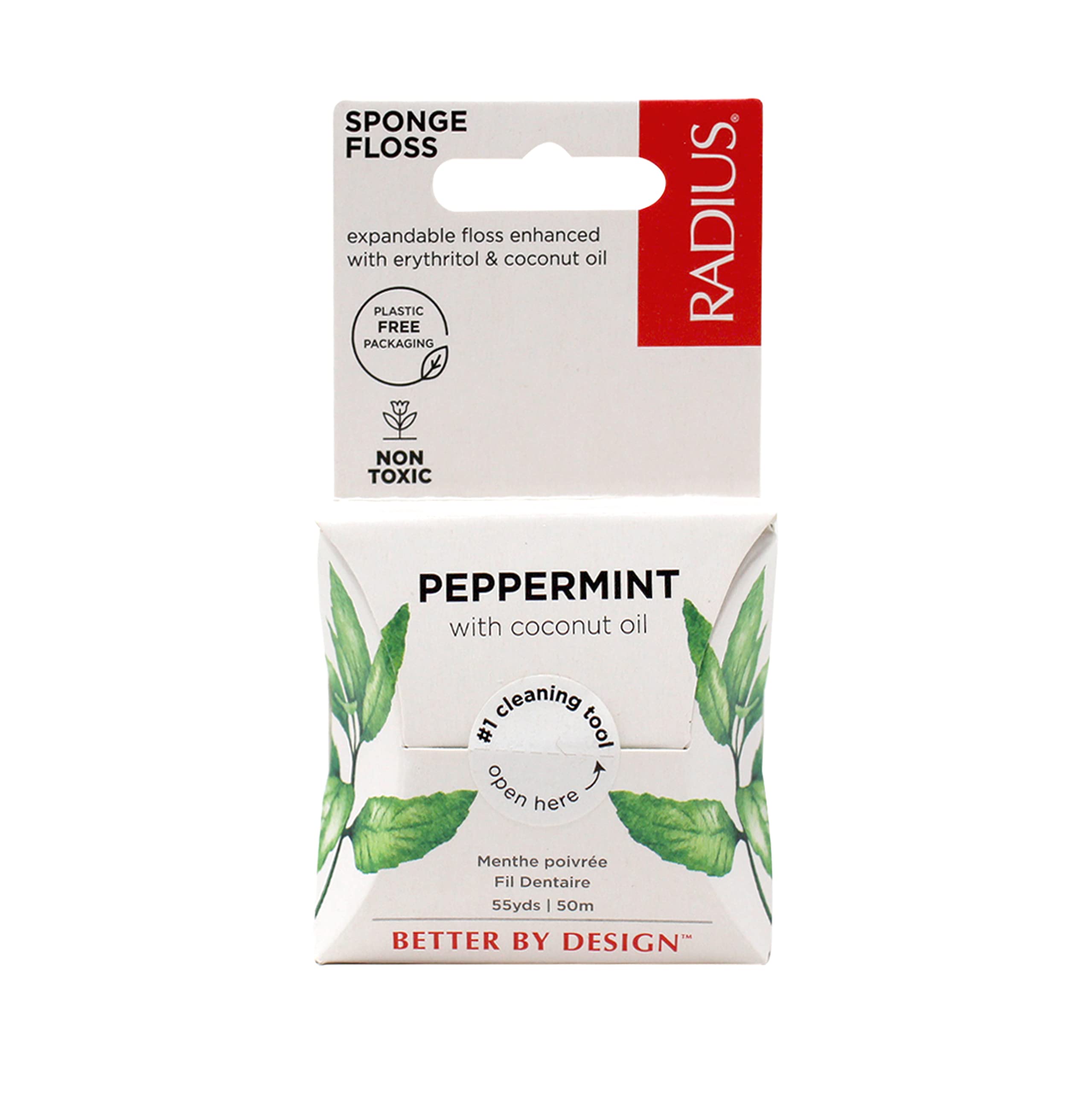 Radius Dental Floss, Sponge Floss, Peppermint, 55 Yards, Vegan & Non-Toxic Oral Care Designed to Help Fight Plaque, Pack of 3