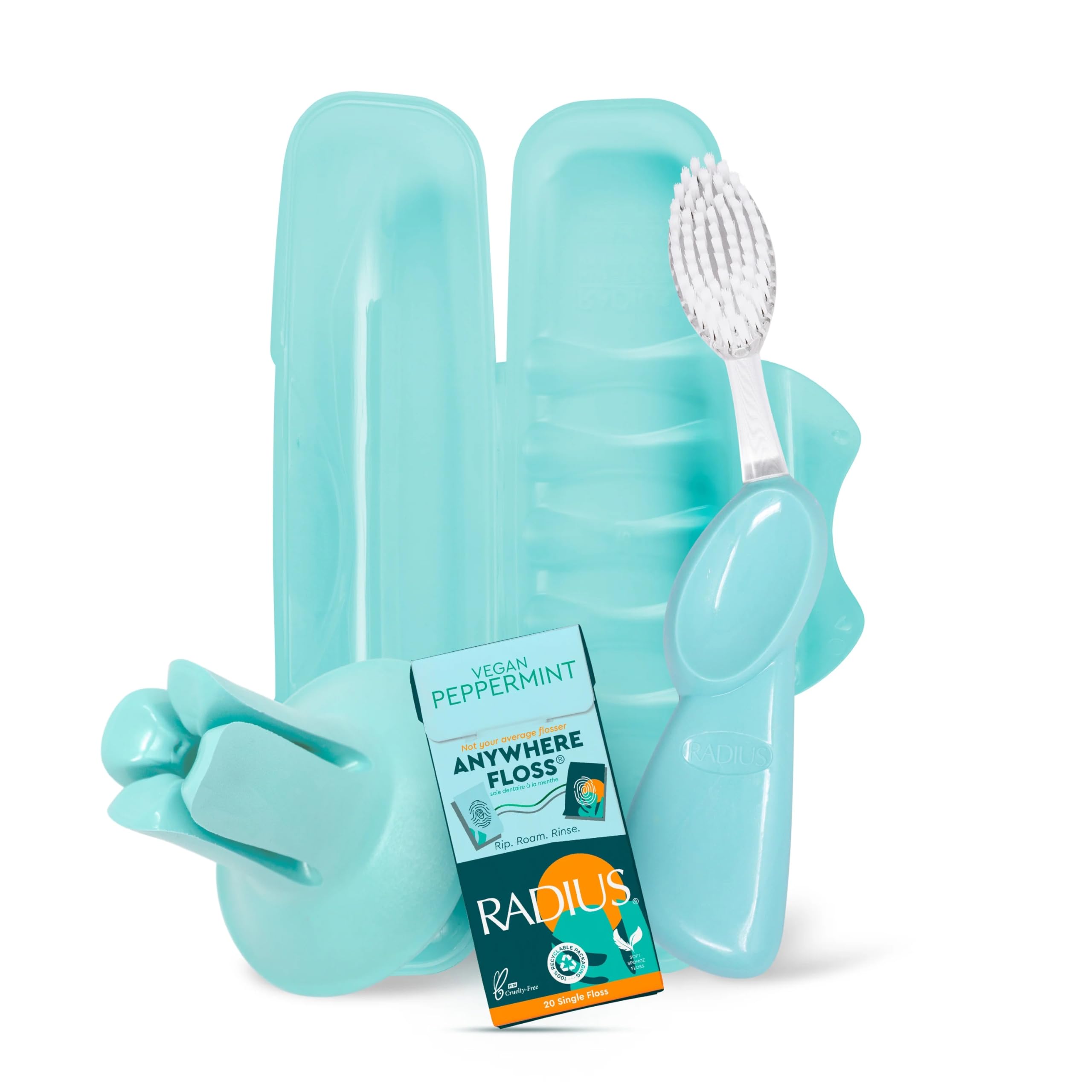 RADIUS Vacation Pastel Bundle, Includes Left Handed Big Brush, Toothbrush Travel Case, DOC Toothbrush Holder, Anywhere Travel Floss Packette, Mint Green, 4 Piece Bundle