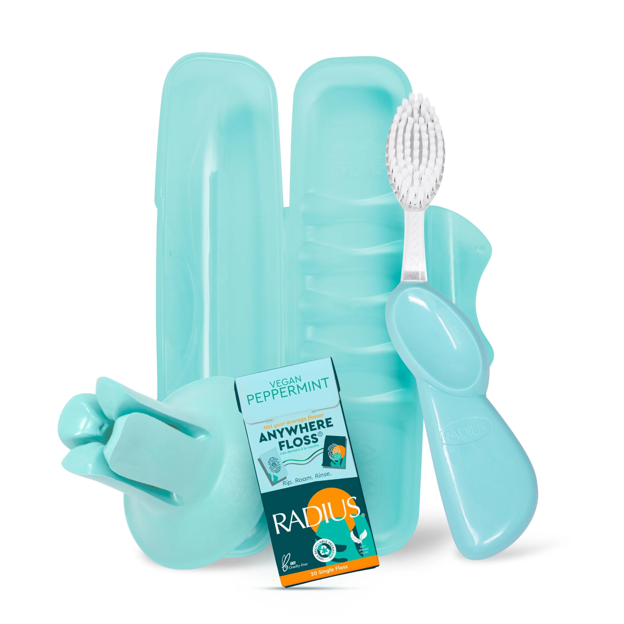 RADIUS Vacation Pastel Bundle, Includes Right Handed Big Brush, Toothbrush Travel Case, DOC Toothbrush Holder, Anywhere Travel Floss Packette, Periwinkle Blue, 4 Piece Bundle