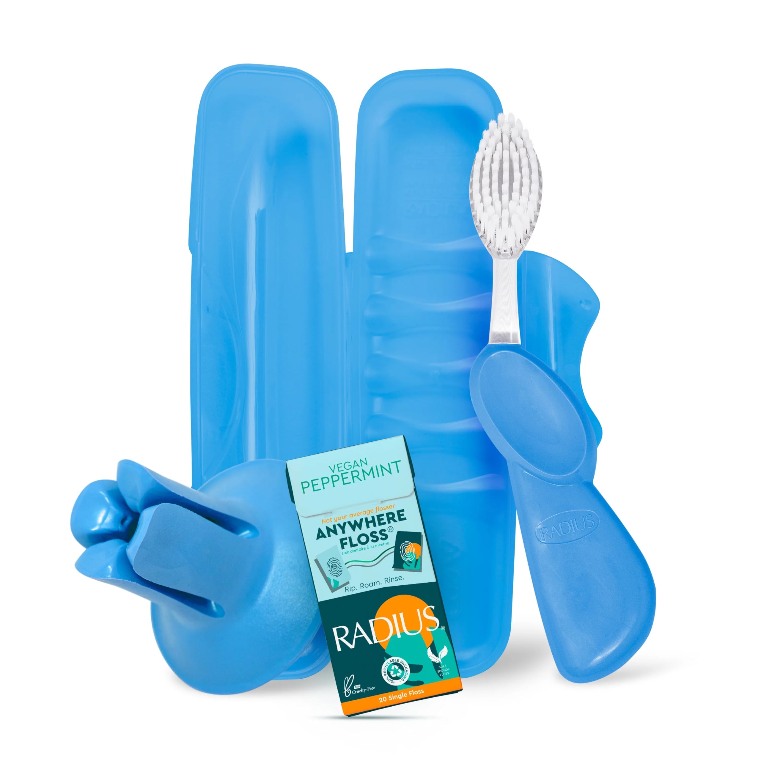 RADIUS Vacation Pastel Bundle, Includes Right Handed Big Brush, Toothbrush Travel Case, DOC Toothbrush Holder, Anywhere Travel Floss Packette, Periwinkle Blue, 4 Piece Bundle