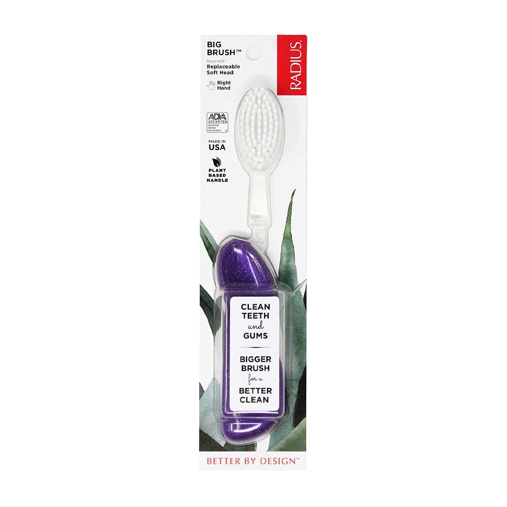 RADIUS Toothbrush Big Brush with Replaceable Head, Left Hand, Soft in Black Sparkle, BPA Free and ADA Accepted, Designed to Improve Gum Health and Reduce The Risk of Gum Disease