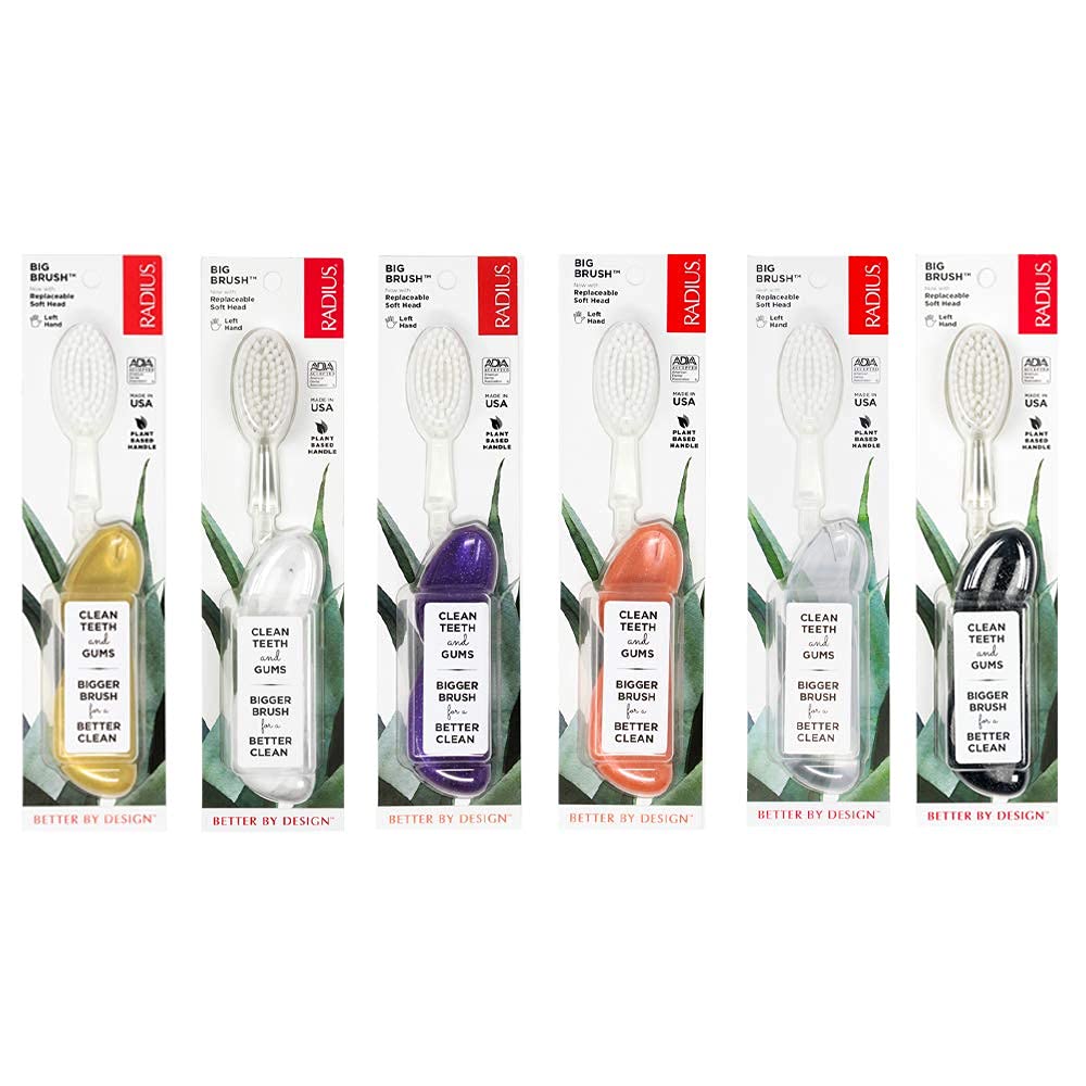 RADIUS Toothbrush Big Brush with Replaceable Head, Left Hand, Soft in Gold, BPA Free and ADA Accepted, Designed to Improve Gum Health and Reduce The Risk of Gum Disease
