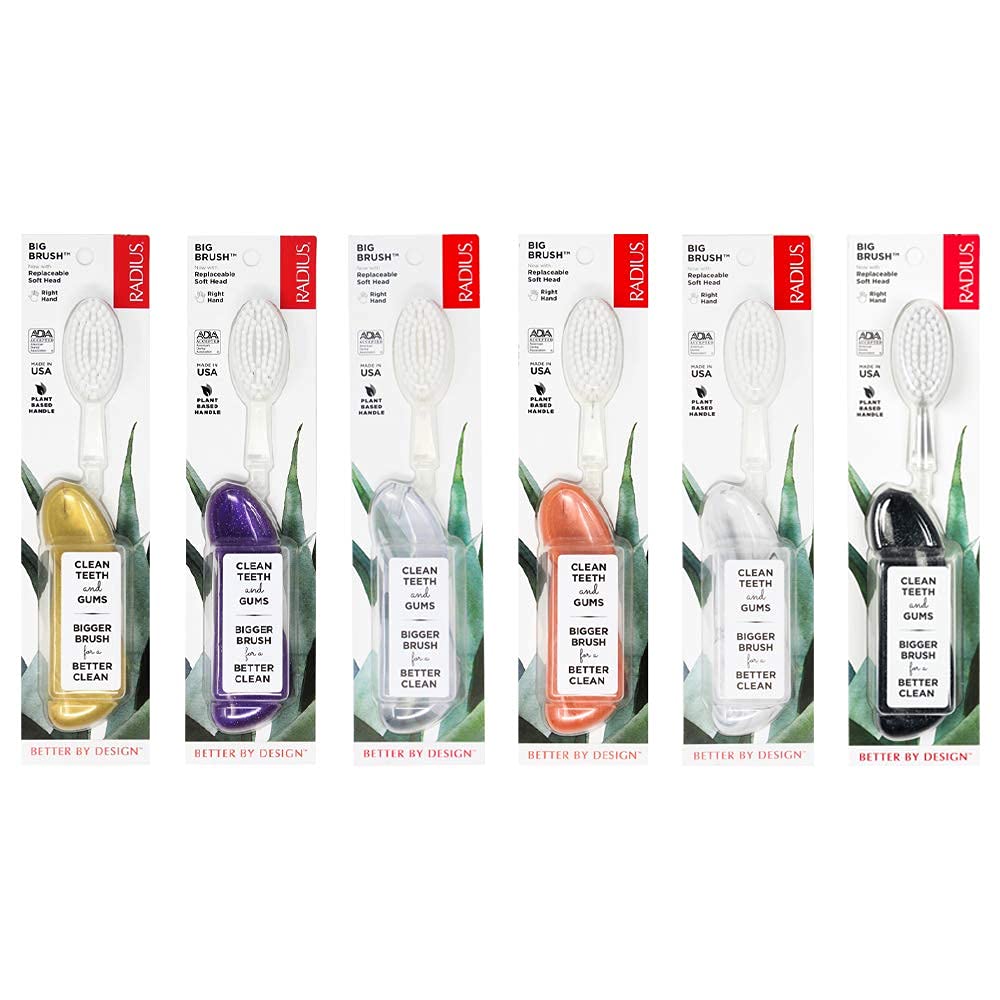 RADIUS Toothbrush Big Brush with Replaceable Head, Left Hand, Soft in Gold, BPA Free and ADA Accepted, Designed to Improve Gum Health and Reduce The Risk of Gum Disease